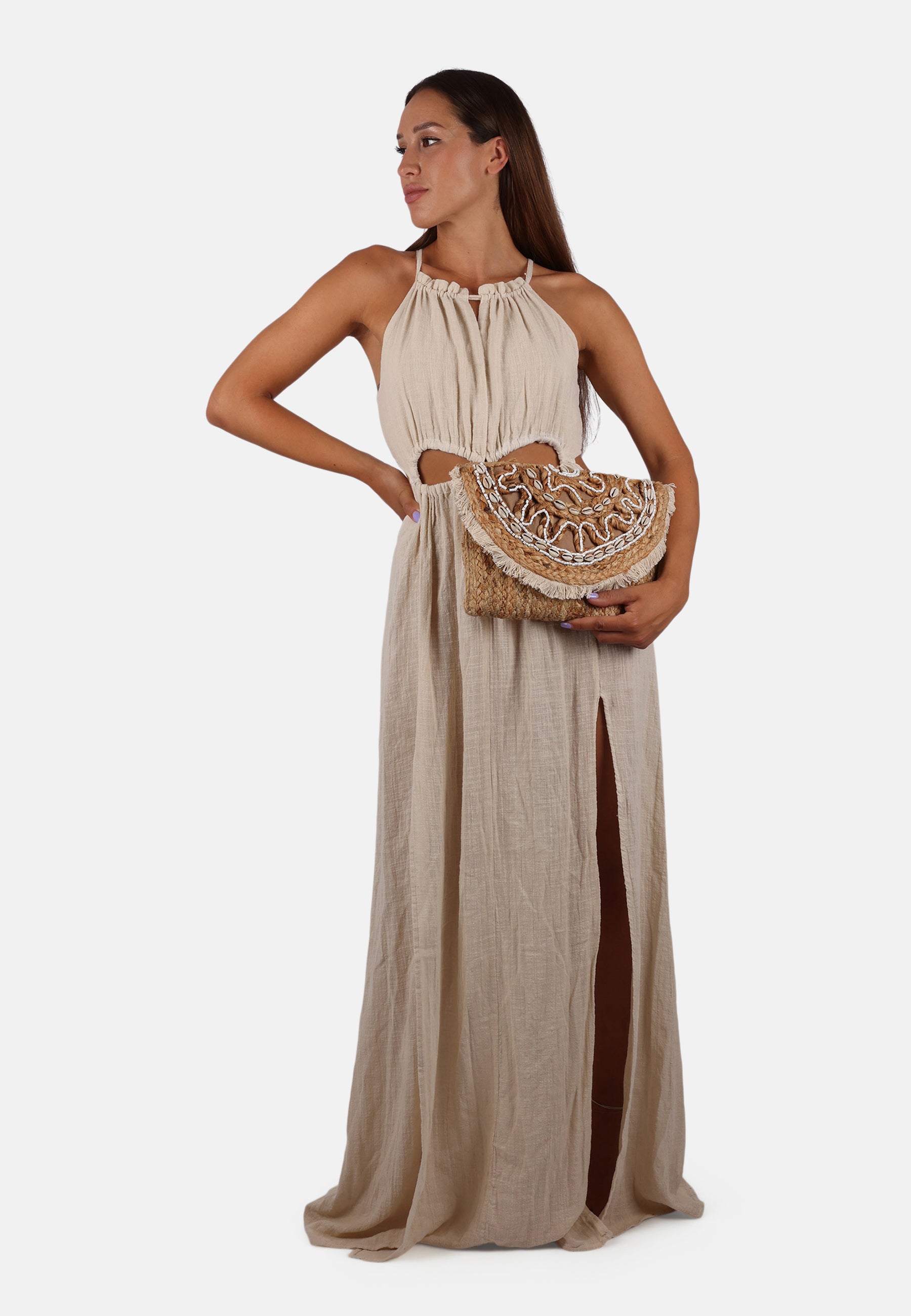 Mali bestickte Clutch aus Jute mit Perlen und Muscheln