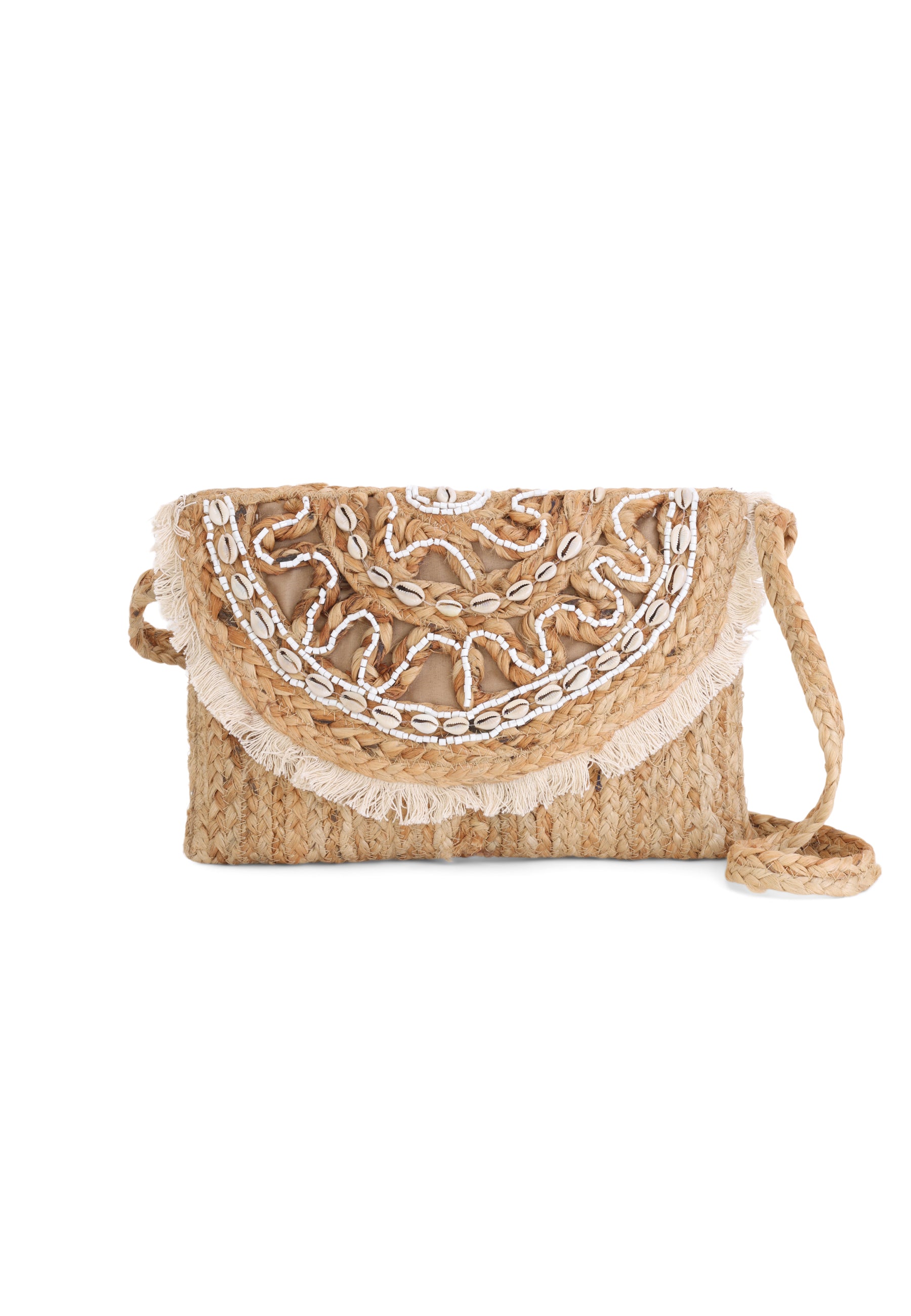 Mali bestickte Clutch aus Jute mit Perlen und Muscheln