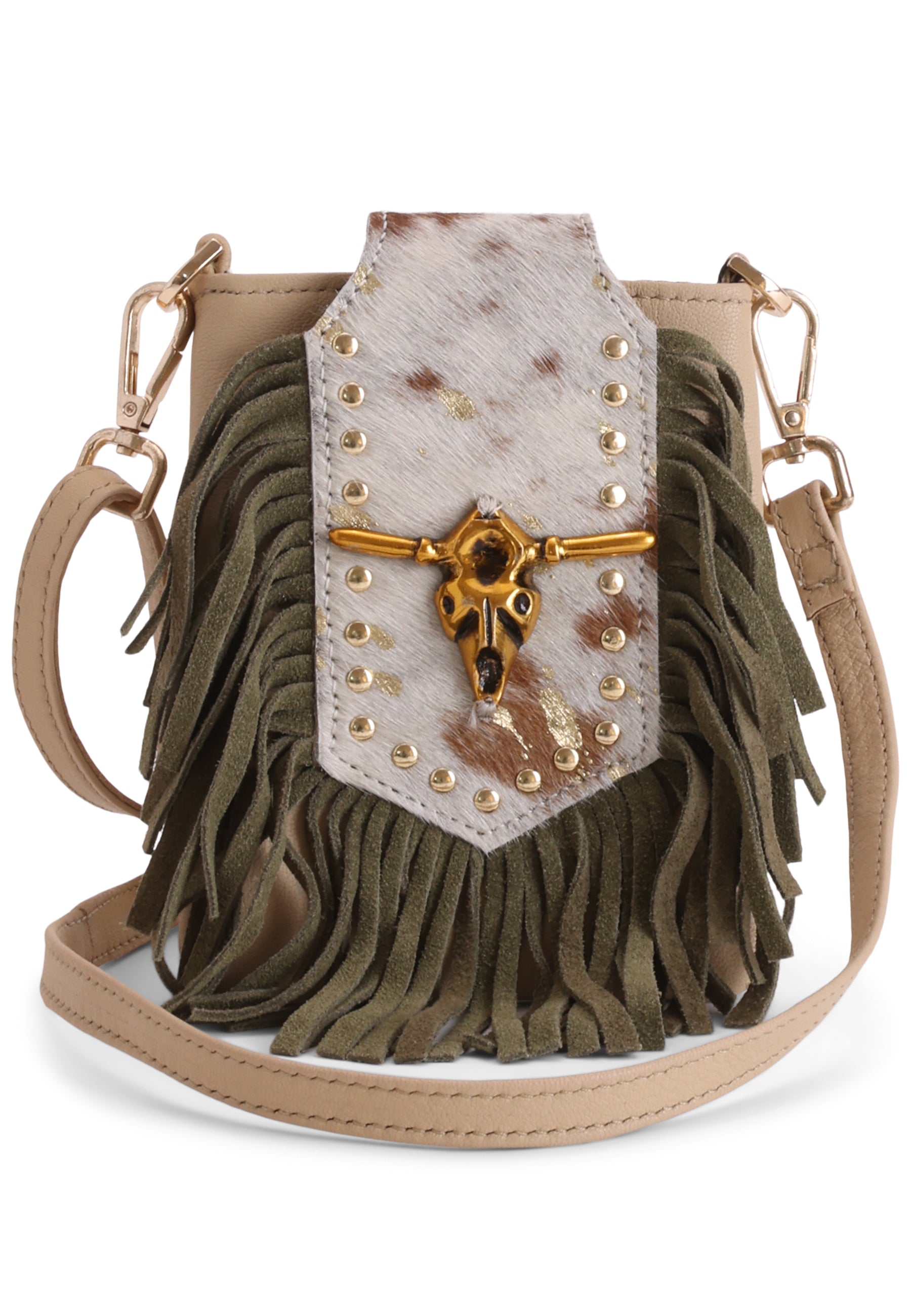 Tibetan mini Schultertasche mit Emblem und Fransen